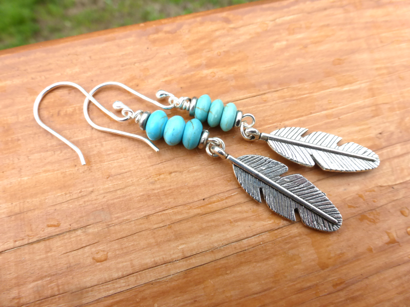 Feather charms in silver, blue turquoise stone and sterling silver earrings. - Andria Bieber Designs