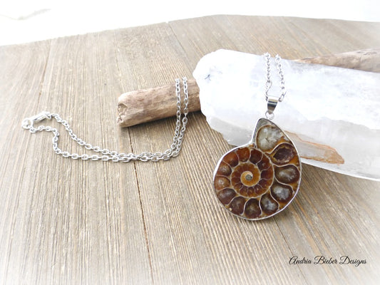 Ammonite shell stone silver frame pendant with silver chain necklace. - Andria Bieber Designs 