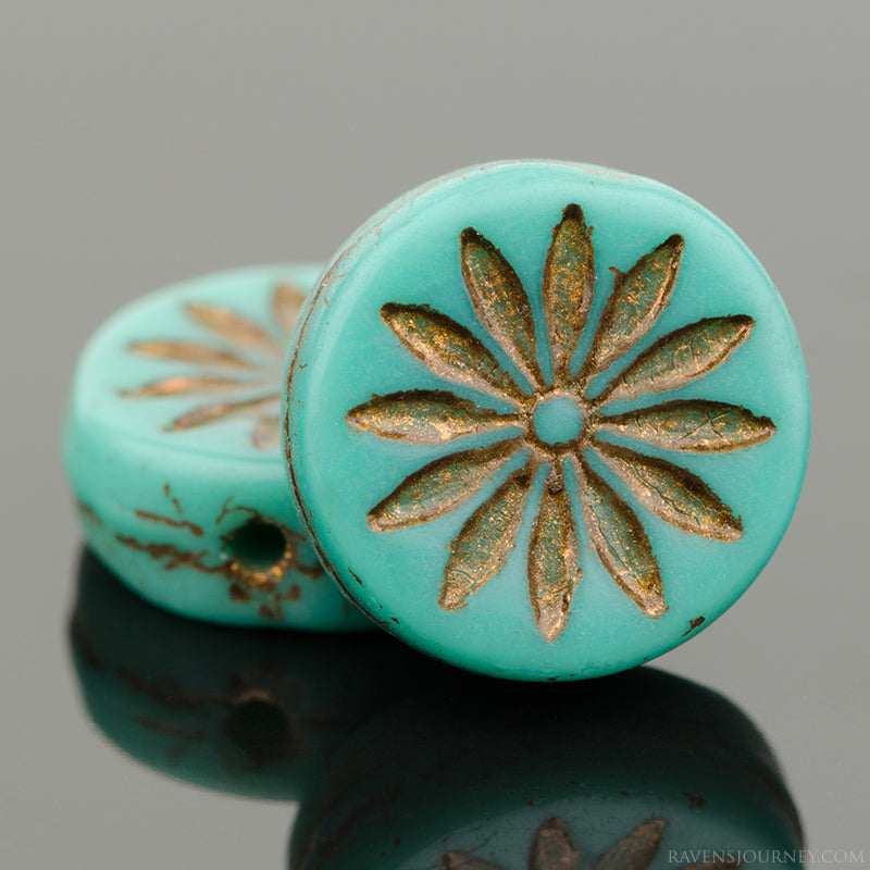 Czech glass, Coin with Aster (12mm) Turquoise Opaque with Dark Bronze Wash