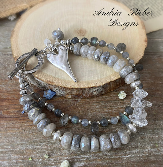 Moonstone, Herkimer diamonds, labradorite gemstone, silver metal, bracelet, jewelry - Andria Bieber Designs 