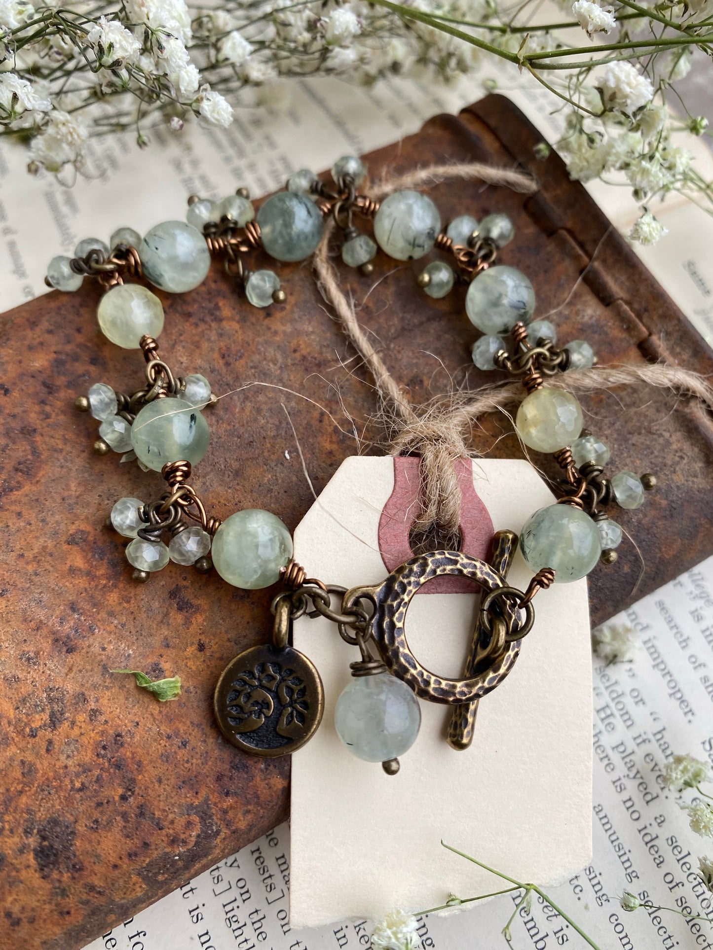 prehnite gemstone, bronze metal, bracelet, jewelry. - Andria Bieber Designs