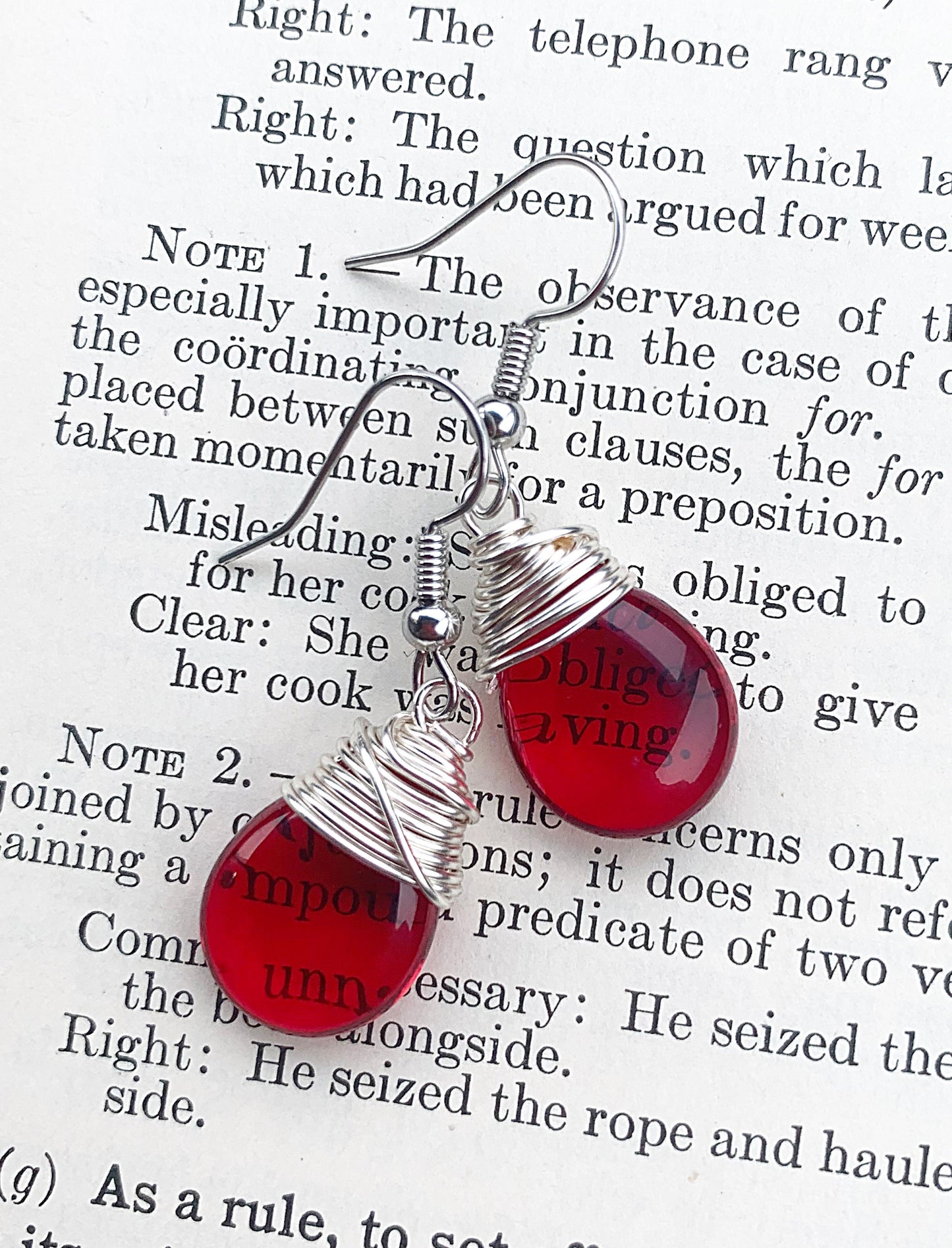 Red transparent teardrop Czech glass and silver wire wrapped, sterling silver earrings. - Andria Bieber Designs