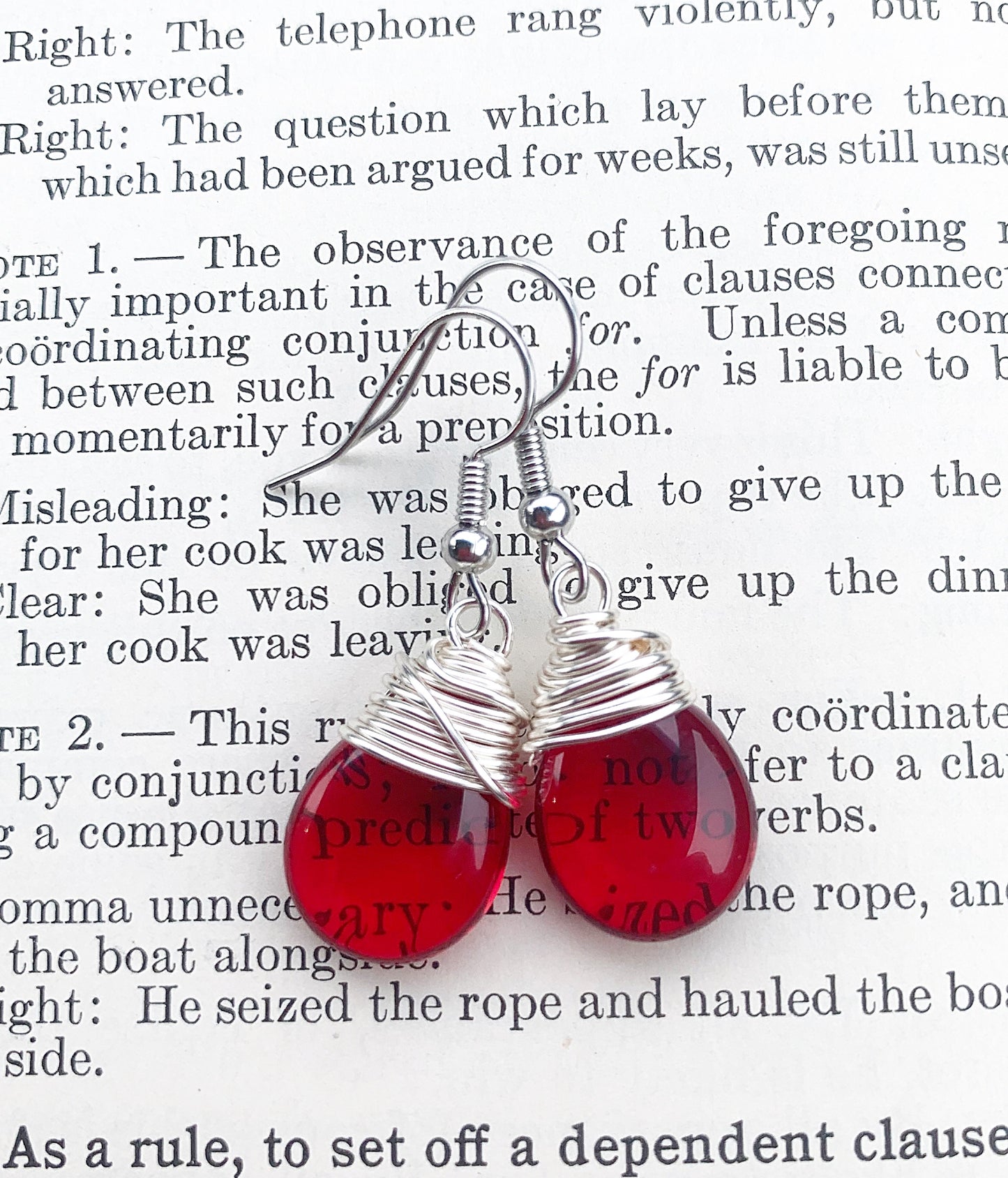Red transparent teardrop Czech glass and silver wire wrapped, sterling silver earrings. - Andria Bieber Designs