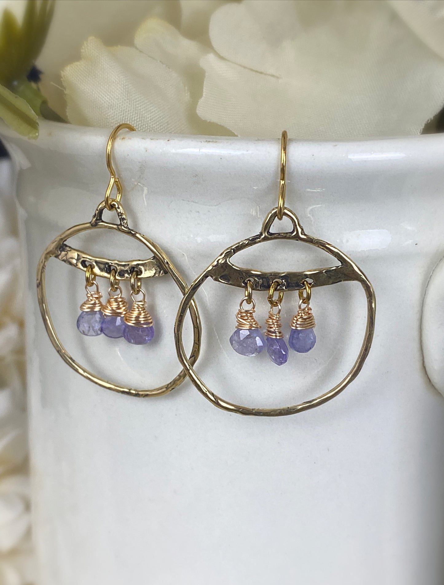 Gold hammered hoops, Iolite stone, earrings, jewelry