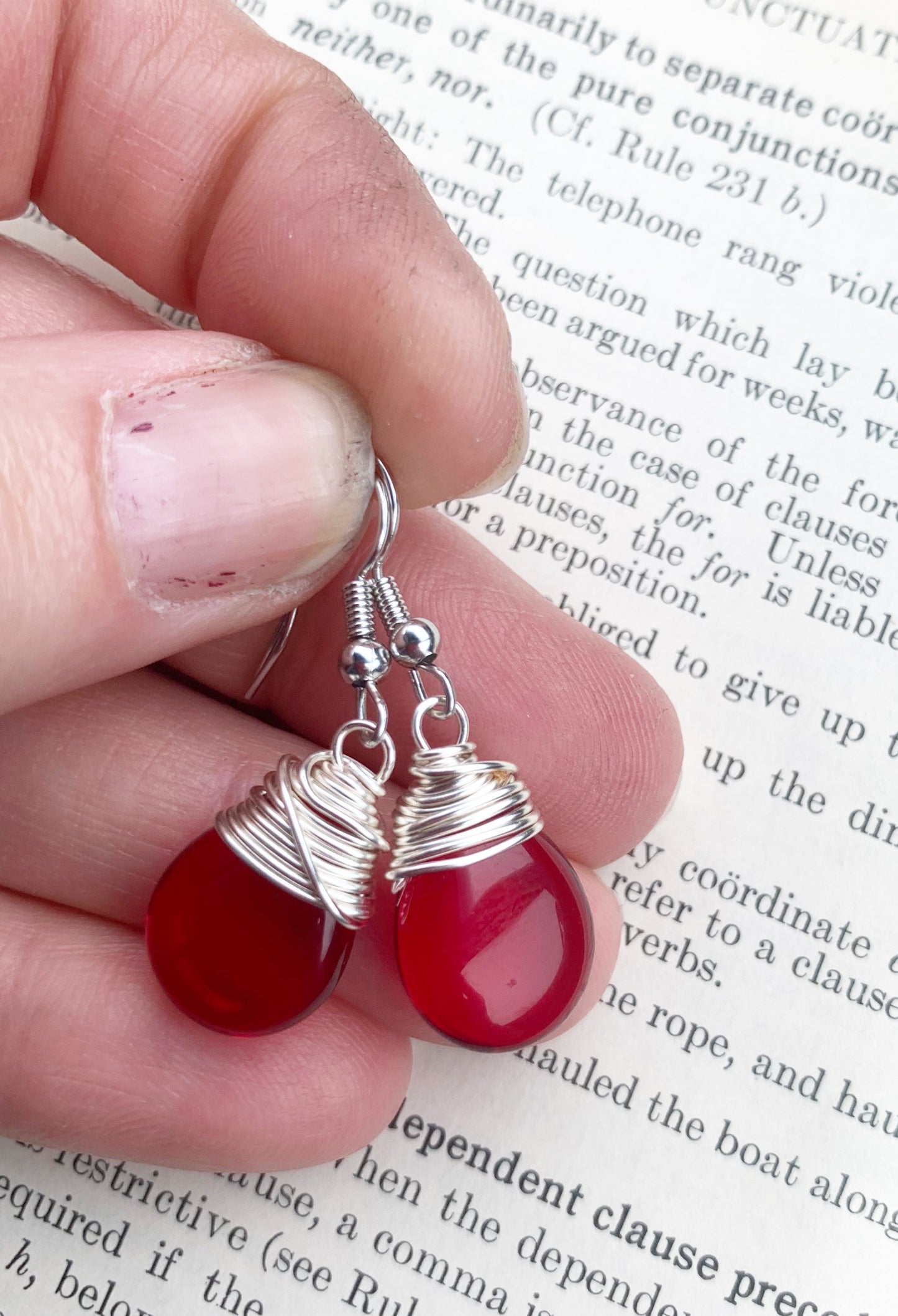 Red transparent teardrop Czech glass and silver wire wrapped, sterling silver earrings. - Andria Bieber Designs