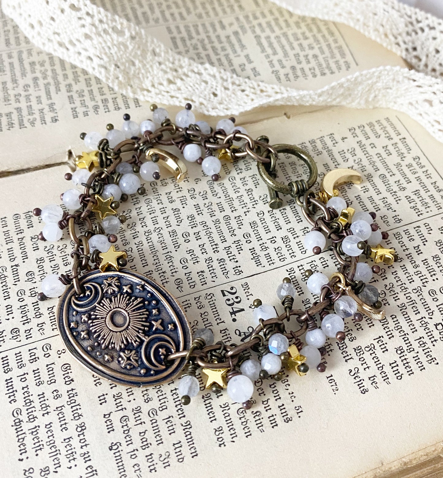 Moonstone, moons and stars. Moonstone, celestial cuff, bracelet , jewelry - Andria Bieber Designs