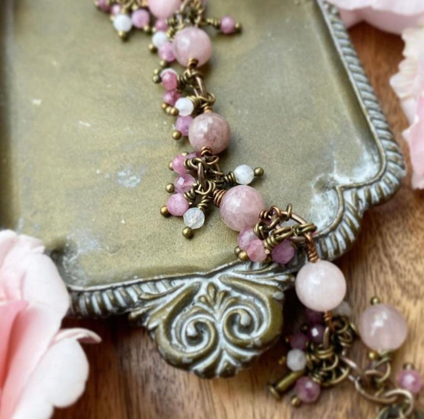 Rose quartz pink stone, Tourmoline pink stone, bronze metal bracelet. - Andria Bieber Designs