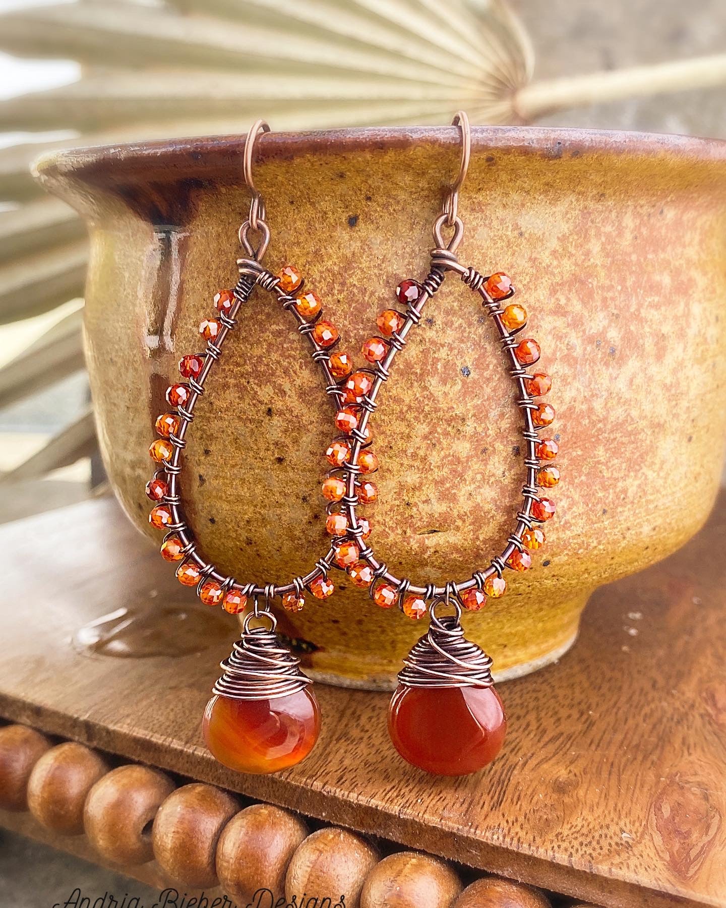 Orange leaves. Carnelian agate stone, copper metal, wire wrapped, earrings - Andria Bieber Designs