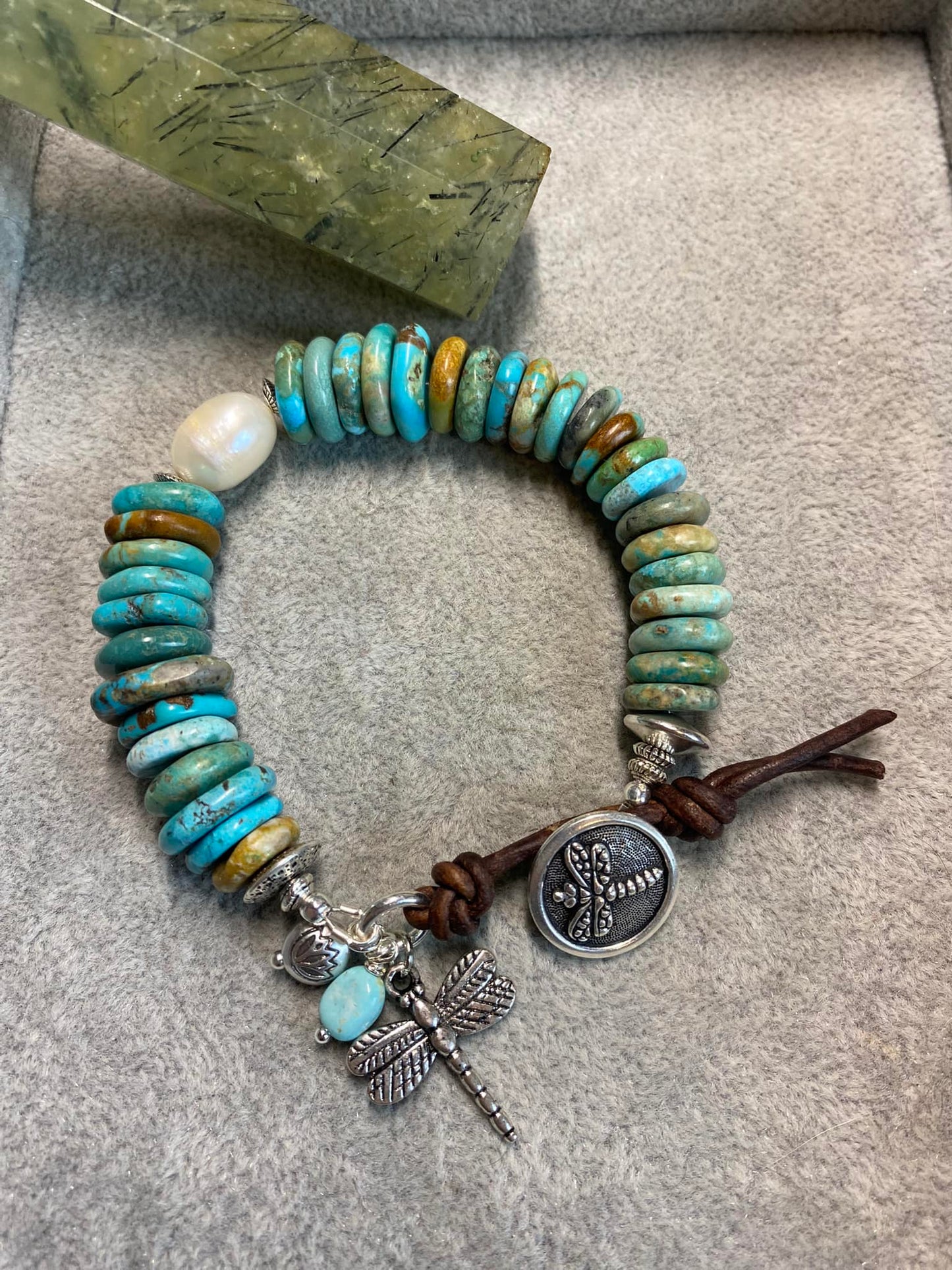 Turquoise stone, pearl, and leather with silver metal bracelet. - Andria Bieber Designs