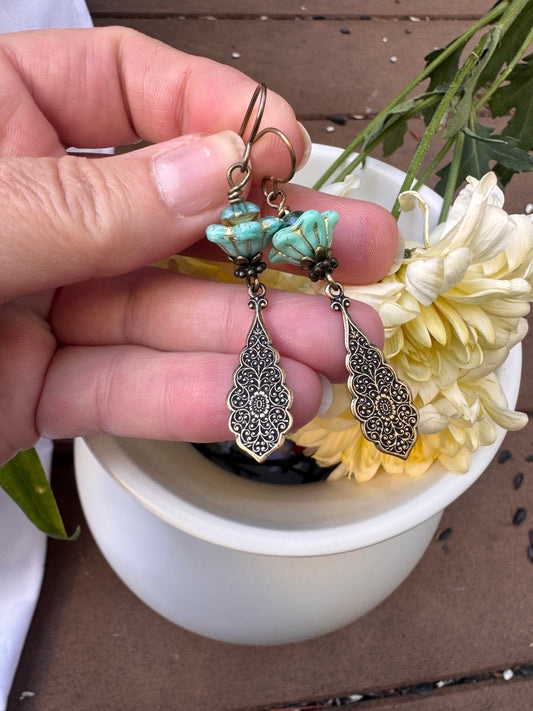 Czech glass flowers, brass filigree metal, earrings