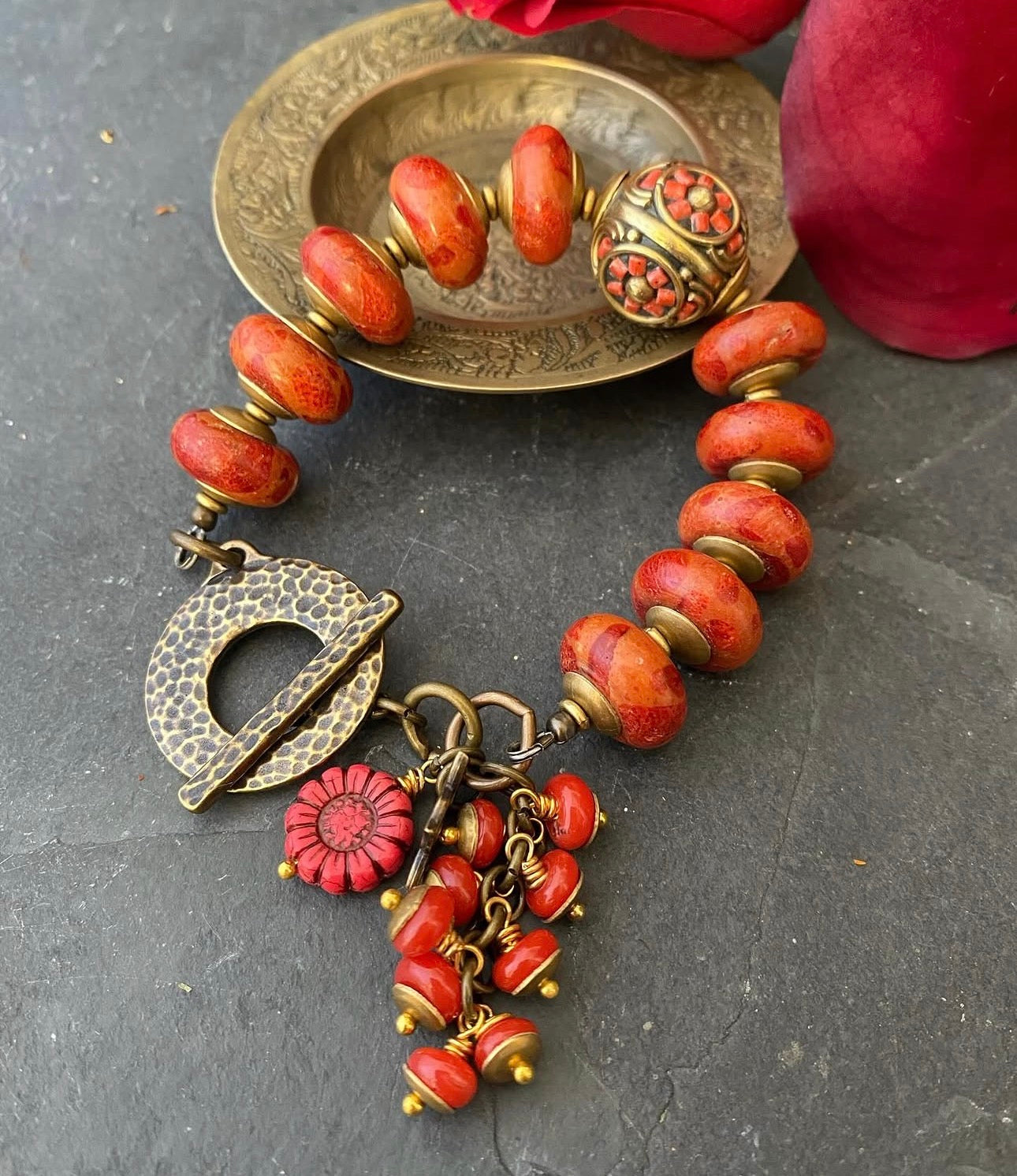 Indonesian glass, red sponge coral, Nepal bead, brass, bracelet MTO