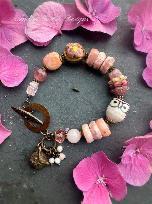 Strawberry quartz, czech glass, lampwork glass, pink opal, ceramic, brass metal.