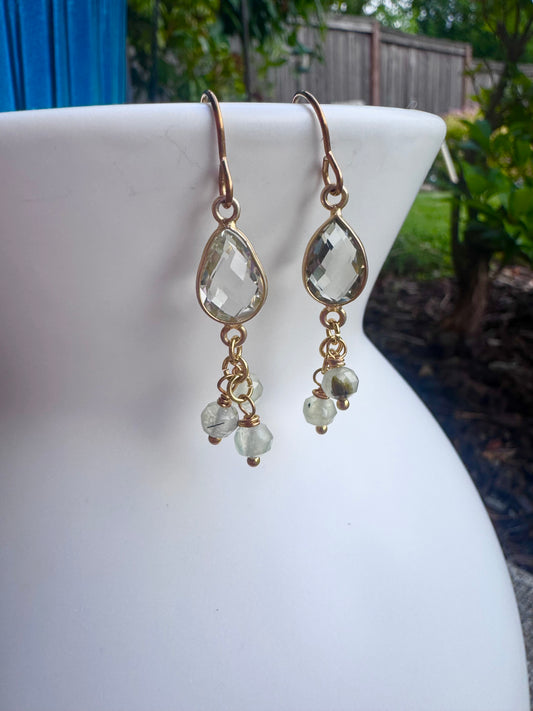 Green amethyst gemstone, vermeil and 14 k gold metal, earrings