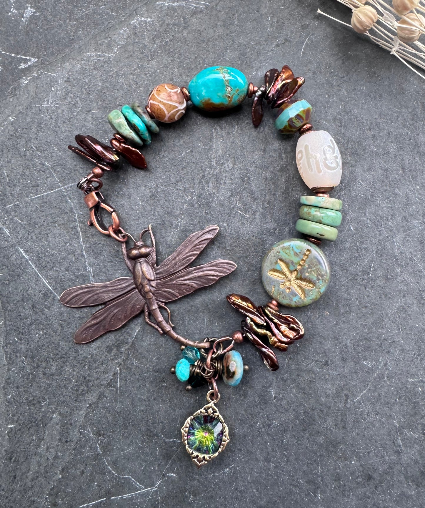 Dragonfly. Turquoise, agate, pearls, Czech glass, bracelet