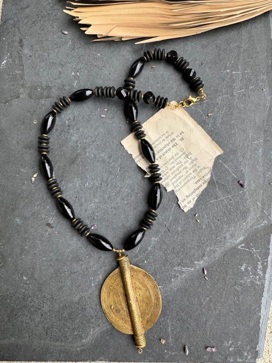 Black onyx Stone, African glass, african brass, necklace, jewelry