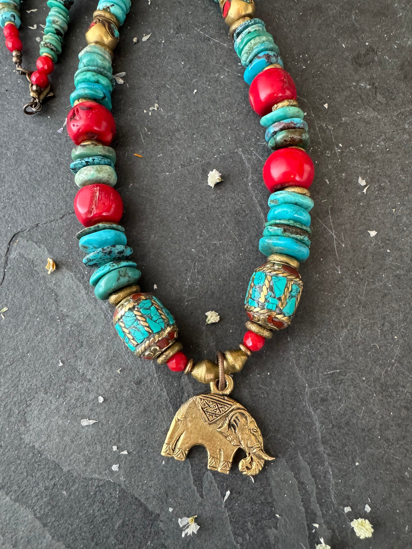 Turquoise stone, nepal inlaid beads, african brass, necklace, jewelry