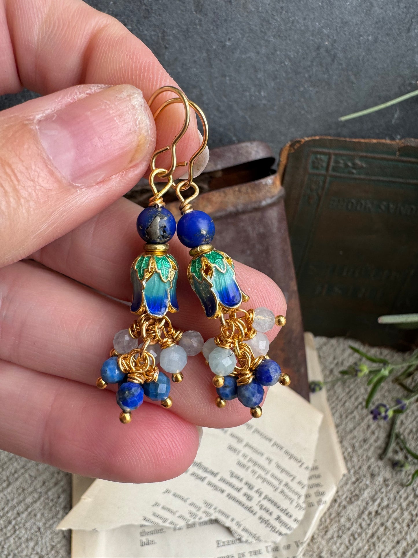 Gold flower charms, aquamarine, lapis stone, Cloisonné beads, earrings