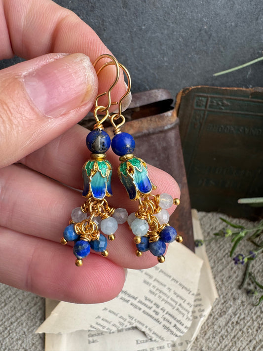 Gold flower charms, aquamarine, lapis stone, Cloisonné beads, earrings