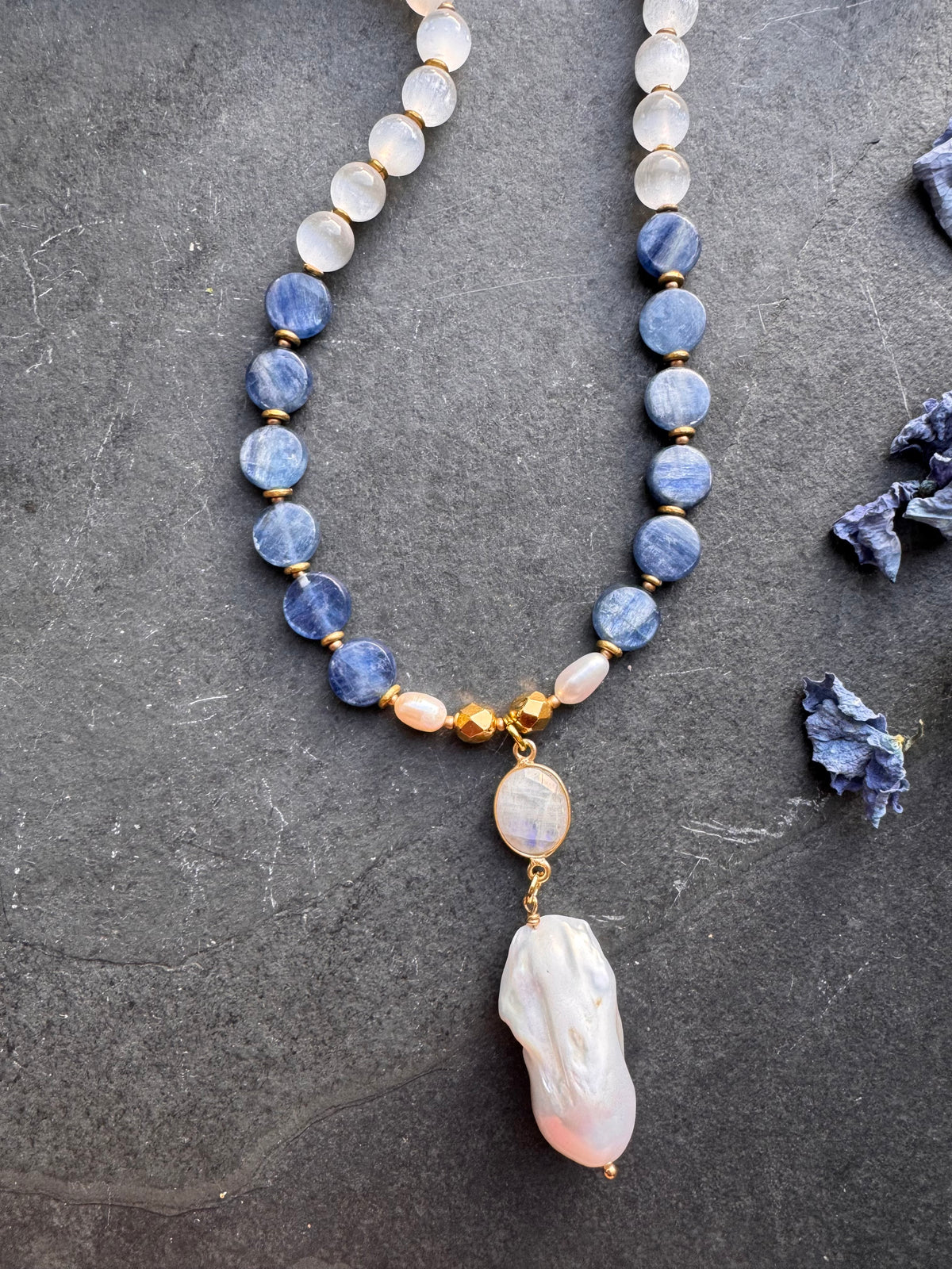 Selenite stone, moonstone, kyanite stone, freshwater pearl, gold metal, necklace