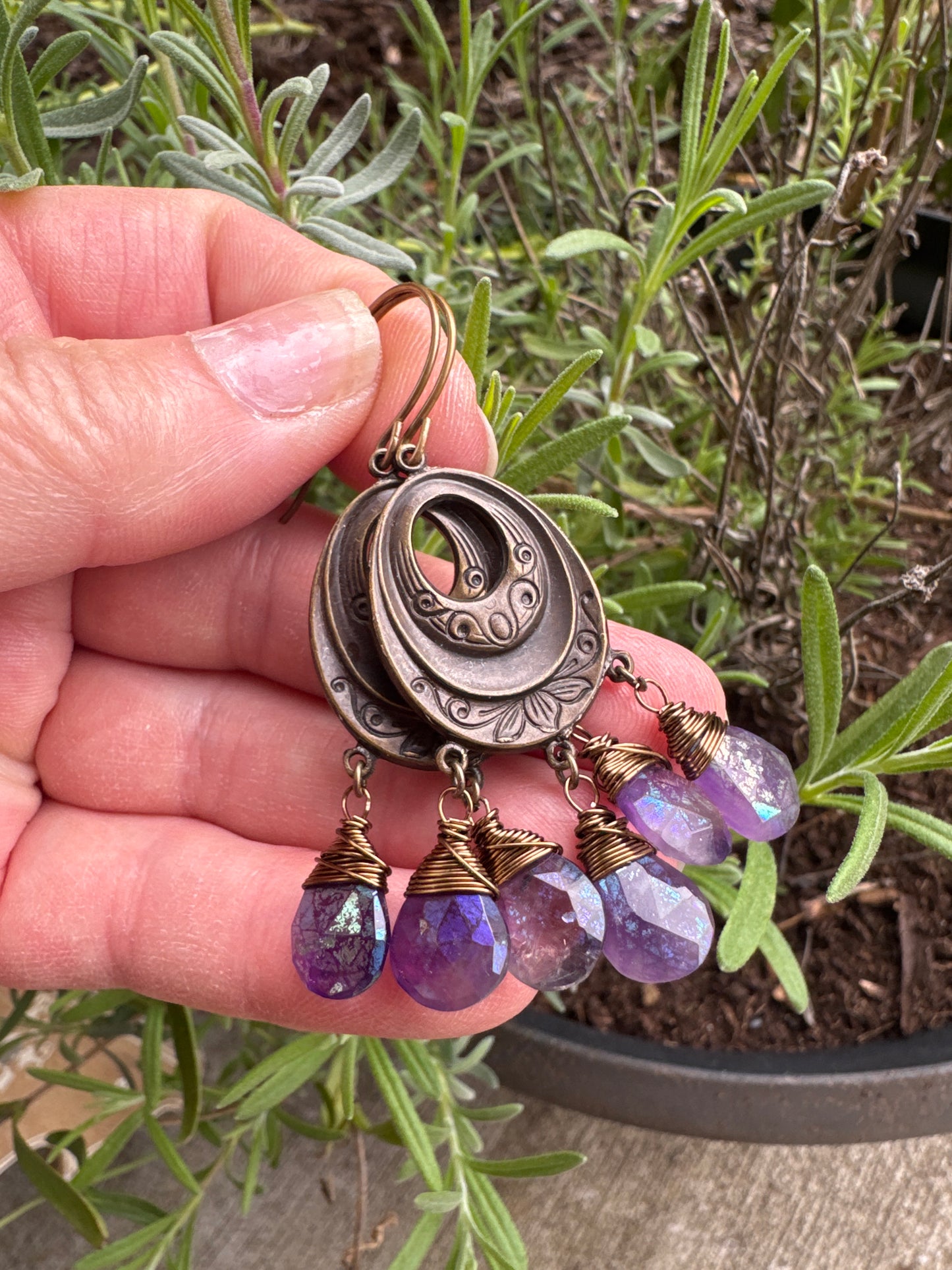Bronze floral charms, amethyst teardrop mystic stone, earrings