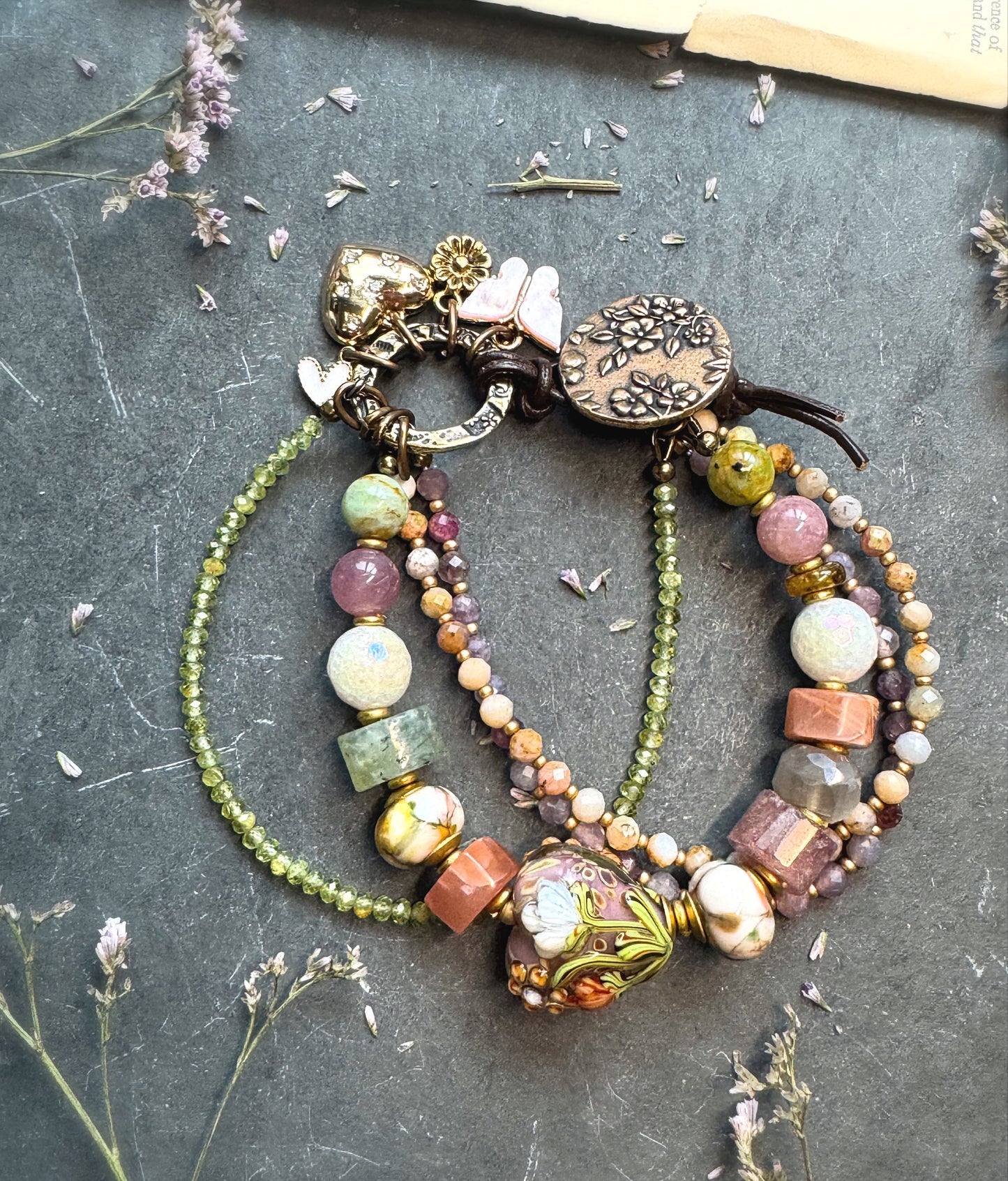 Spring garden. Mixed gemstone, lampwork glass, flower button clasp.