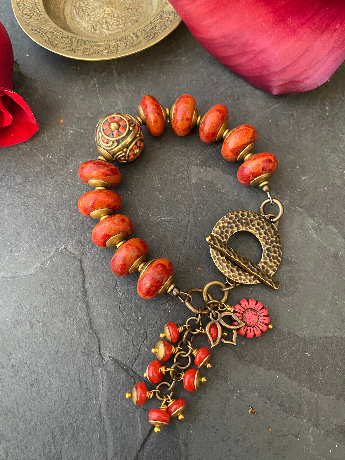 Red sponge coral, nepal flower coral bead, Indonesian glass, African brass, bracelet