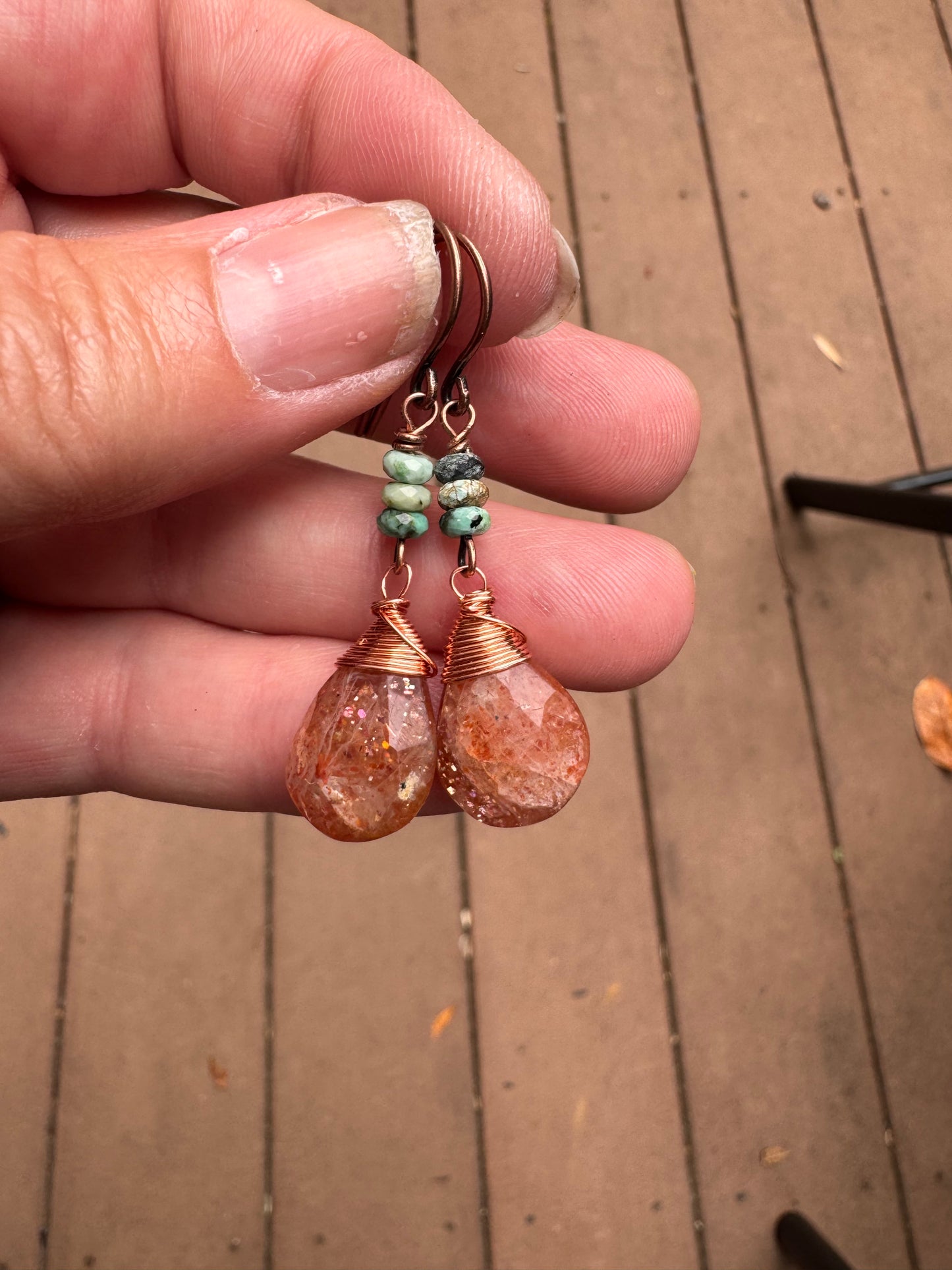 Sunstone, turquoise, copper metal, earrings