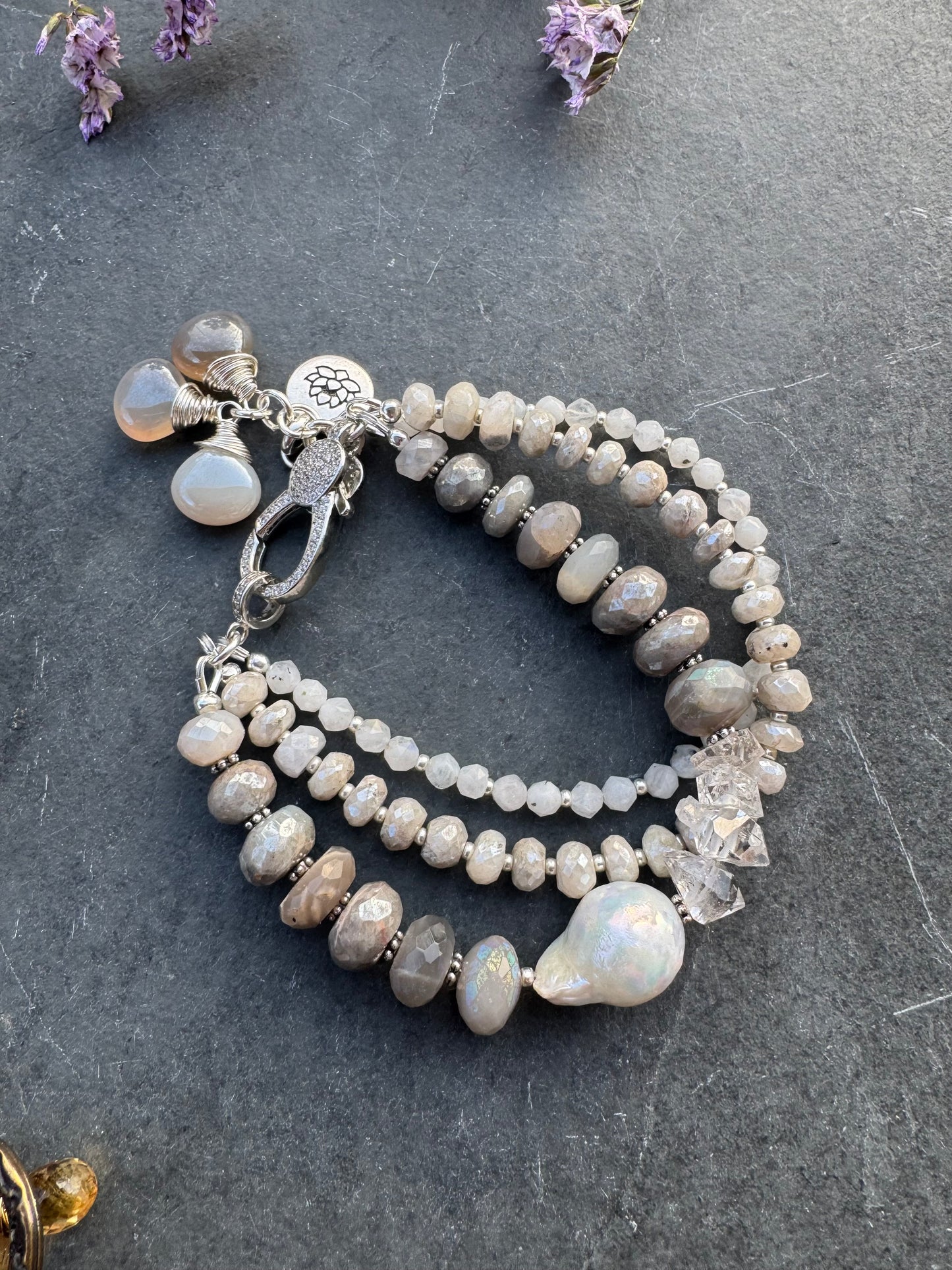 Moonstone, baroque pearl, Herkimer diamonds and rhinestone silver clasp, bracelet