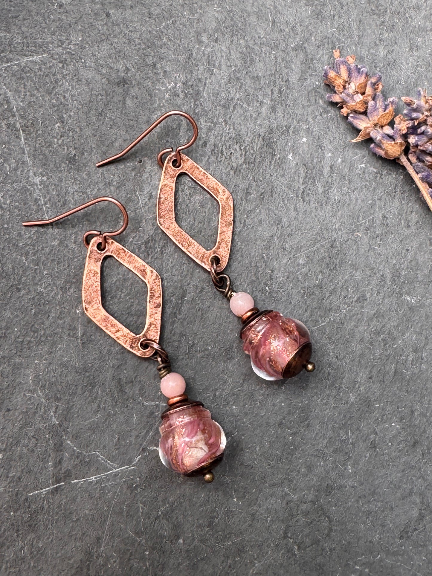 Pink lampwork glass, copper metal, earrings