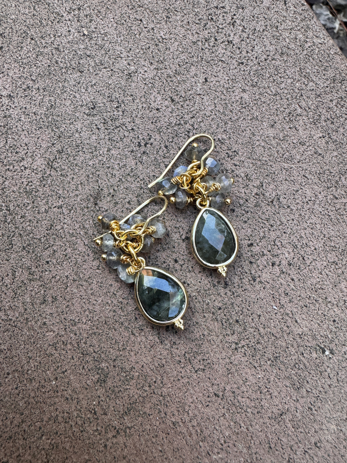 Labradorite stone, gold metal, drop, earrings