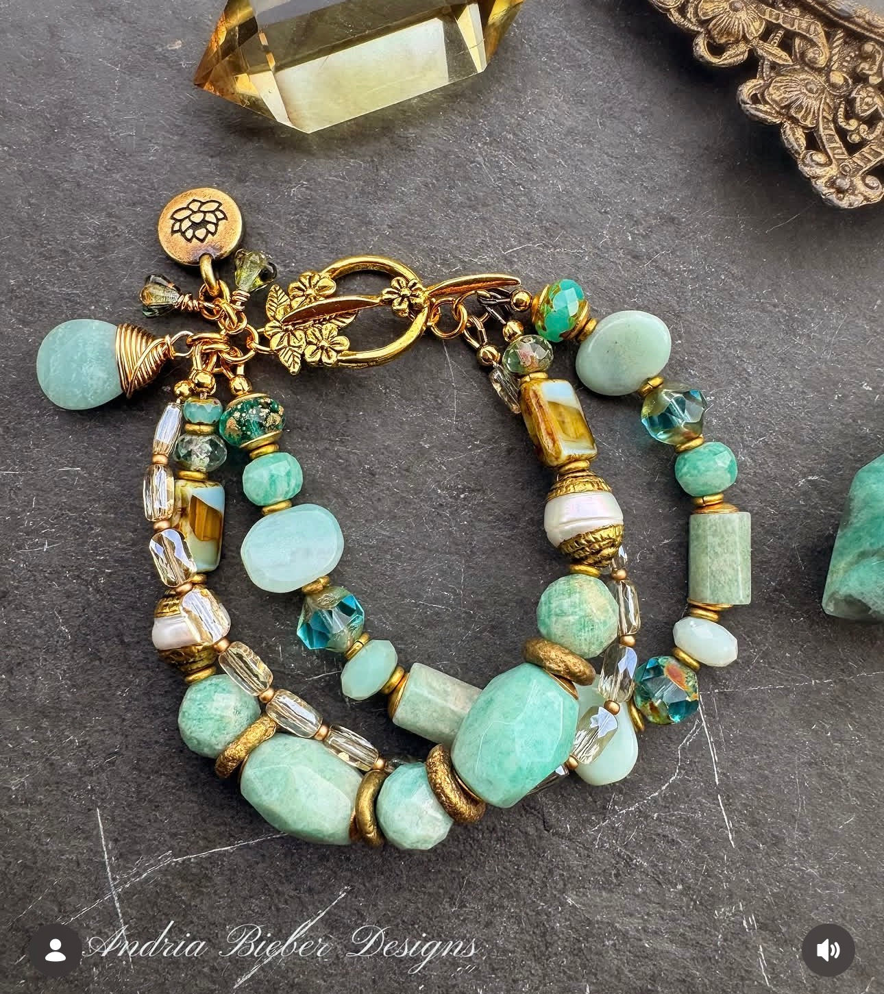 Amazonite stone, pearl, turquoise, african brass, Czech glass, bracelet.