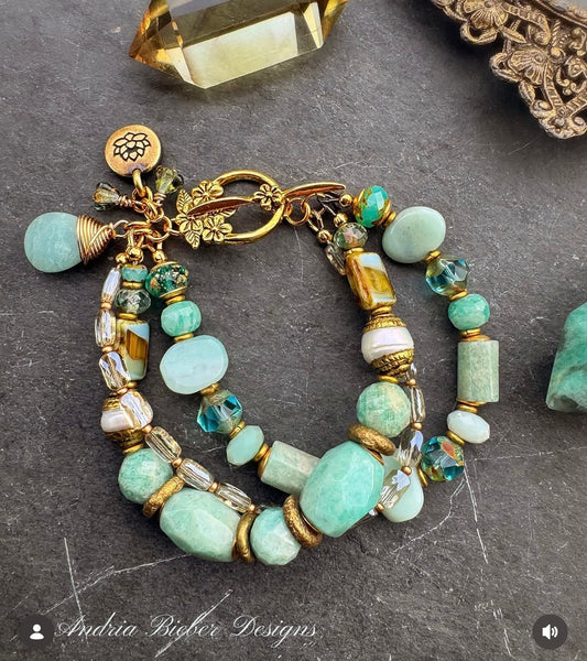 Amazonite stone, pearl, turquoise, african brass, Czech glass, bracelet.