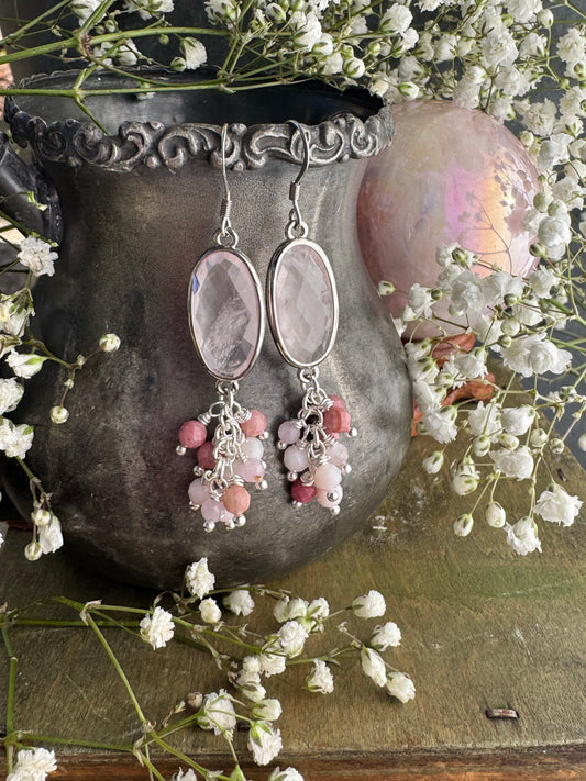 Quartz rose quartz drops, pink opal, silver metal, earrings