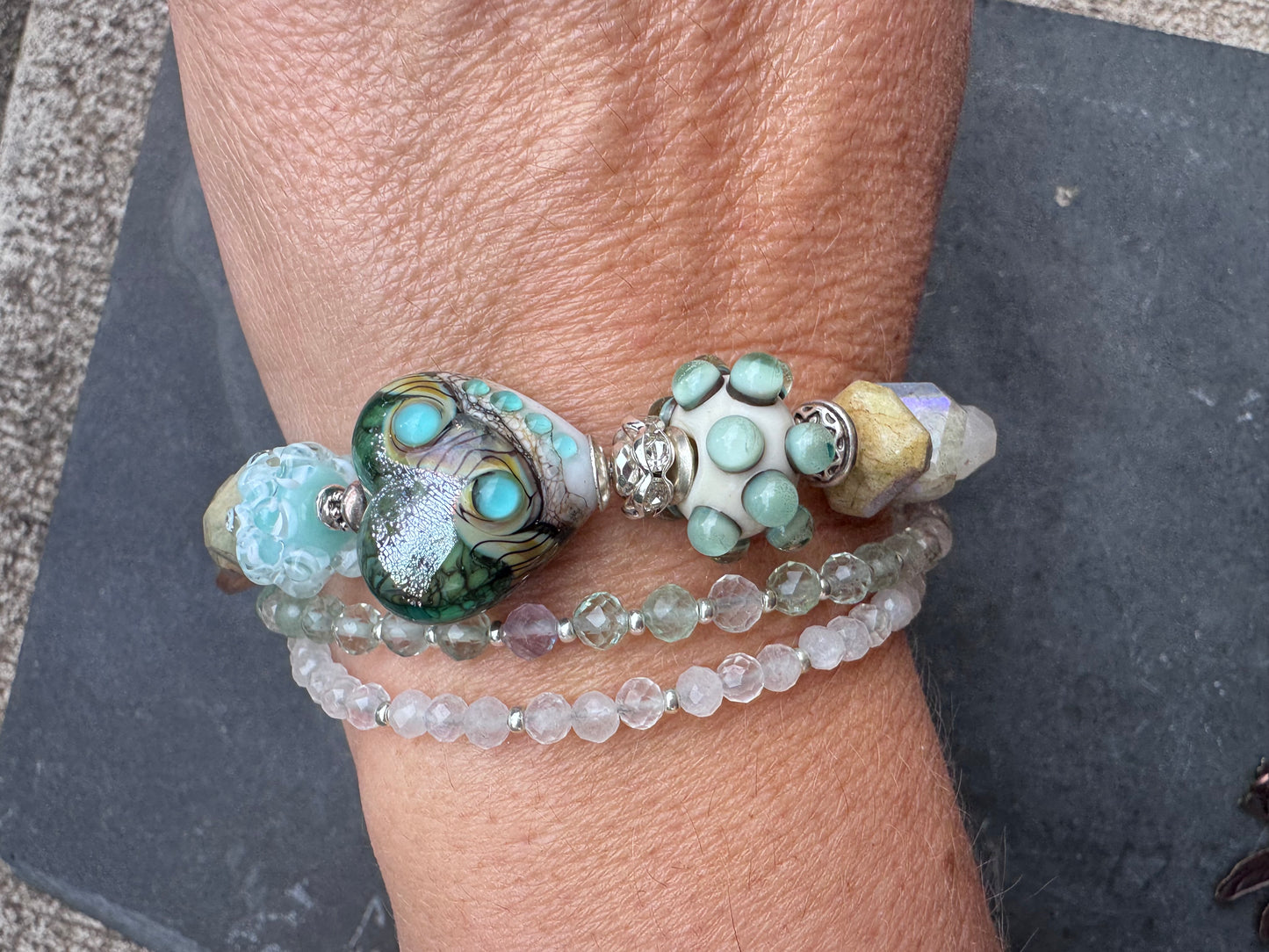 lampwork glass, amazonite , moonstone, fluorite, chalcedony, silver metal, bracelet