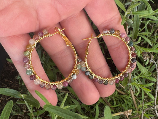 Watermelon tourmaline, wire wrapped gold hoop earrings, jewelry