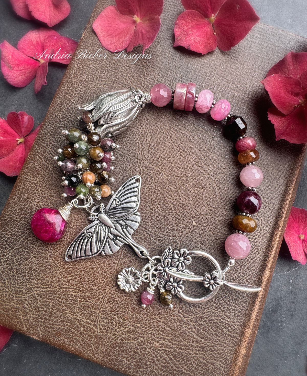 Silver moth. Madagascar rose quartz, pink moonstone, pink Tourmaline, watermelon tourmaline, silver moth, silver metal, bracelet.