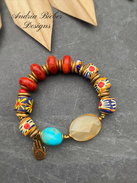 African brass, red coral, kingman turquoise, Tibetan bead, elastic cording, bracelet, jewelry