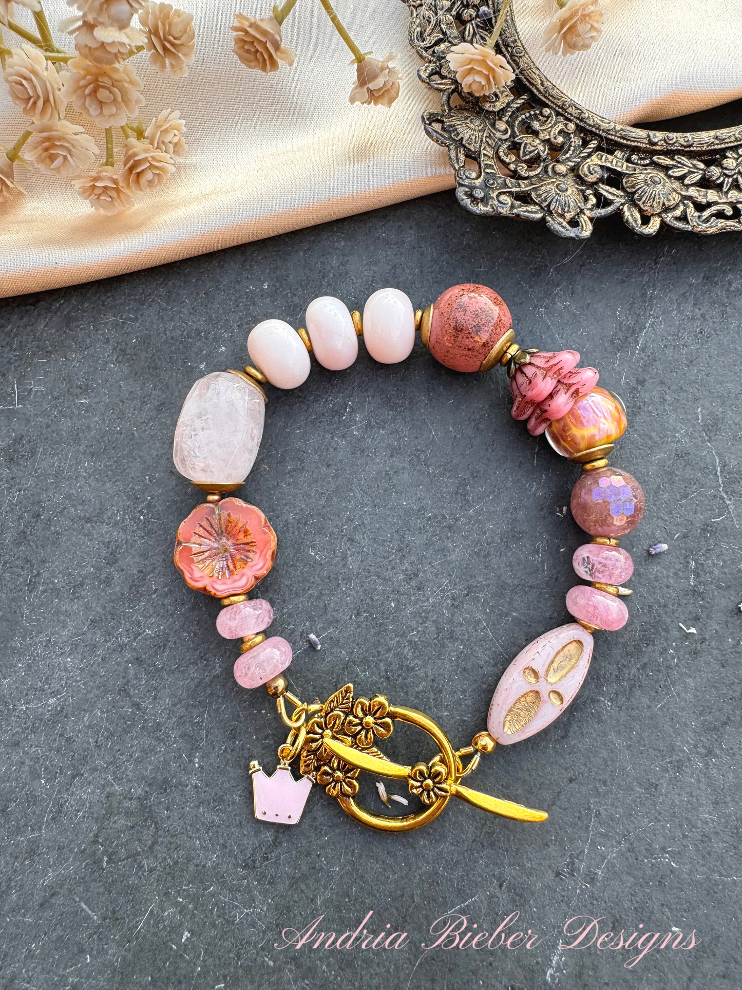 Rose quartz, pink opal, Czech glass, lampwork glass, strawberry quartz, ceramic bead, gold metal, bracelet
