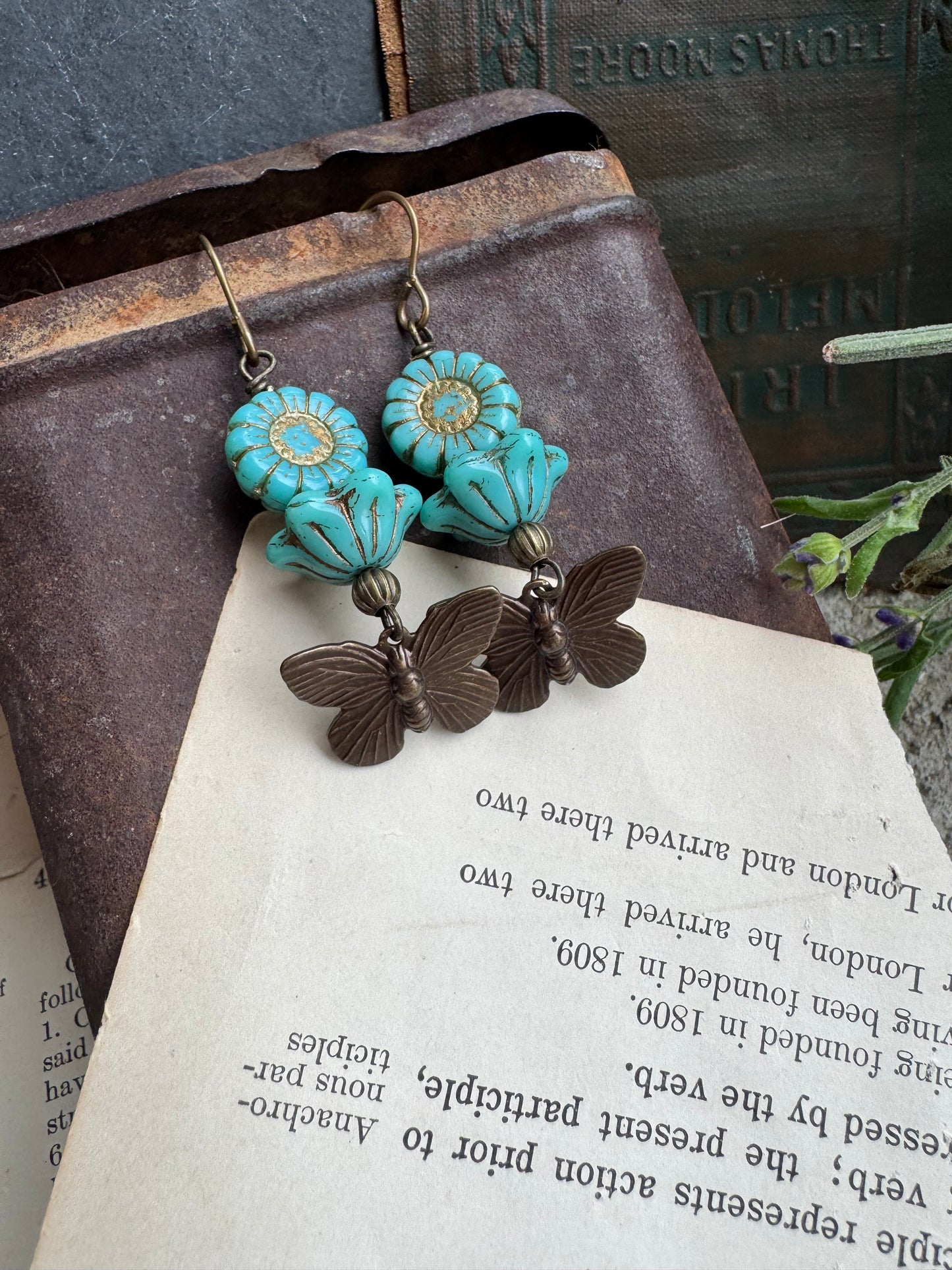 Butterfly Brass charm, turquoise Czech glass, earrings