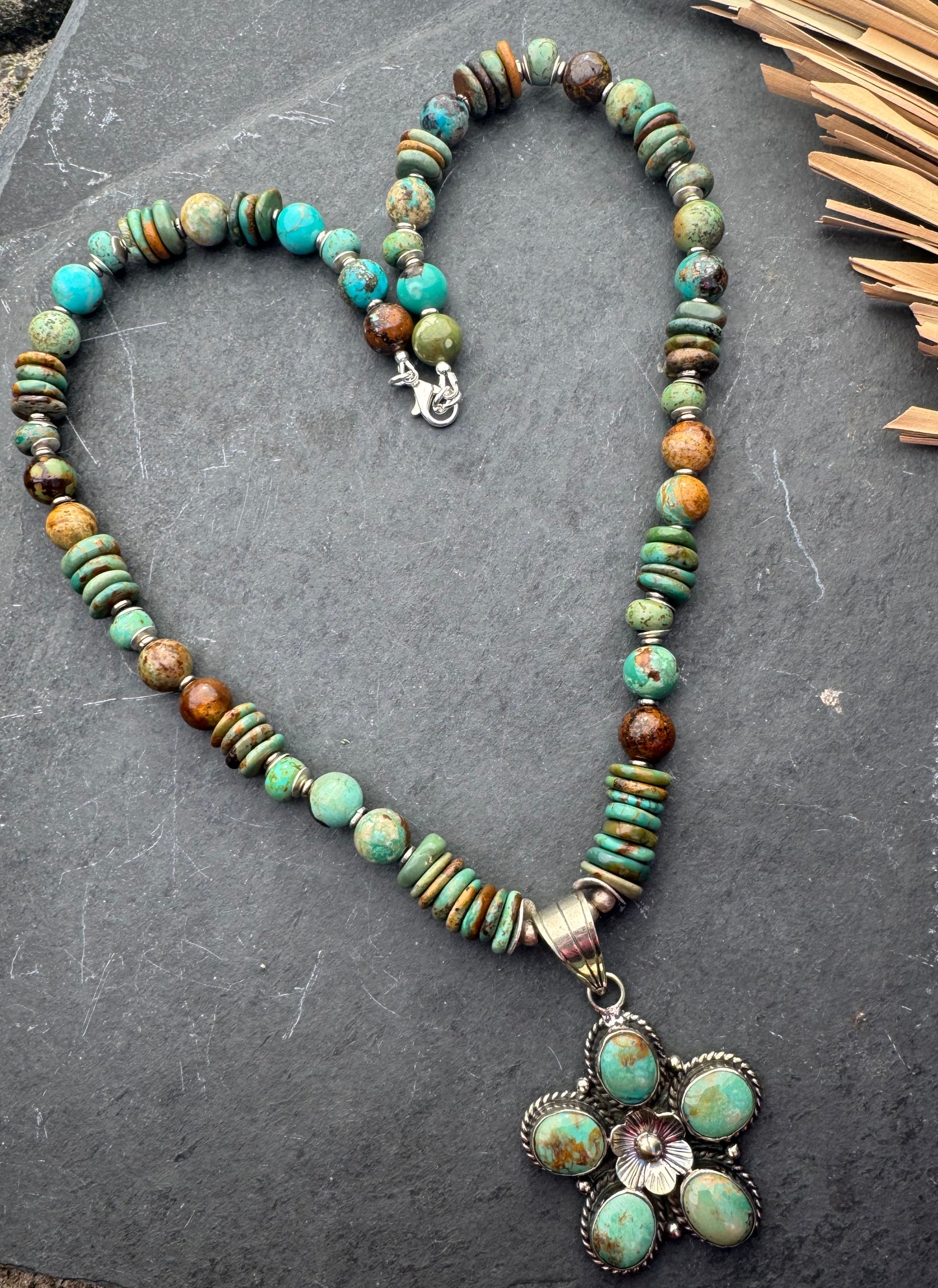 Hubei turquoise, Czech glass, African silver, and large Hubei turquoise flower pendant.