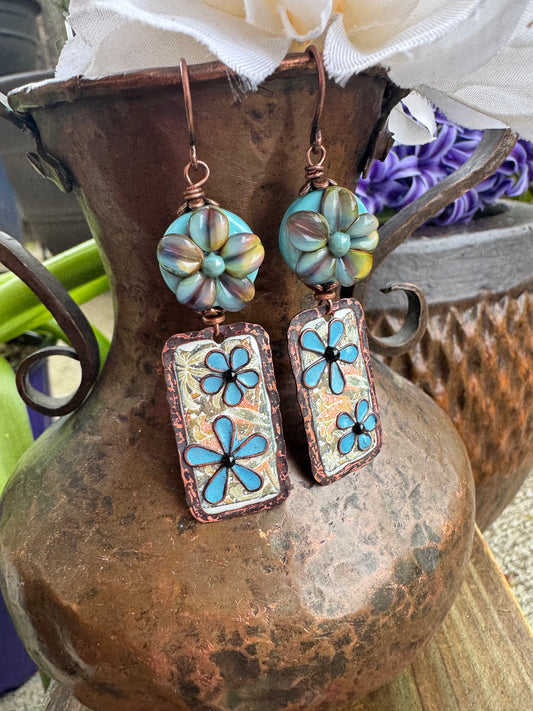 Enamel charm copper metal, with flower lampwork glass, earrings