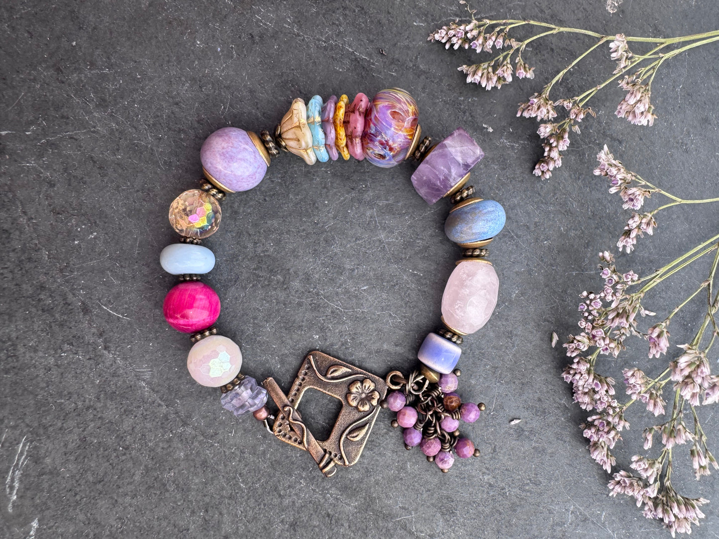 Sunset magic. lampwork glass, rose quartz, citrine, ceramic, amethyst, blue opal, pink tiger eye and Czech glass bracelet.