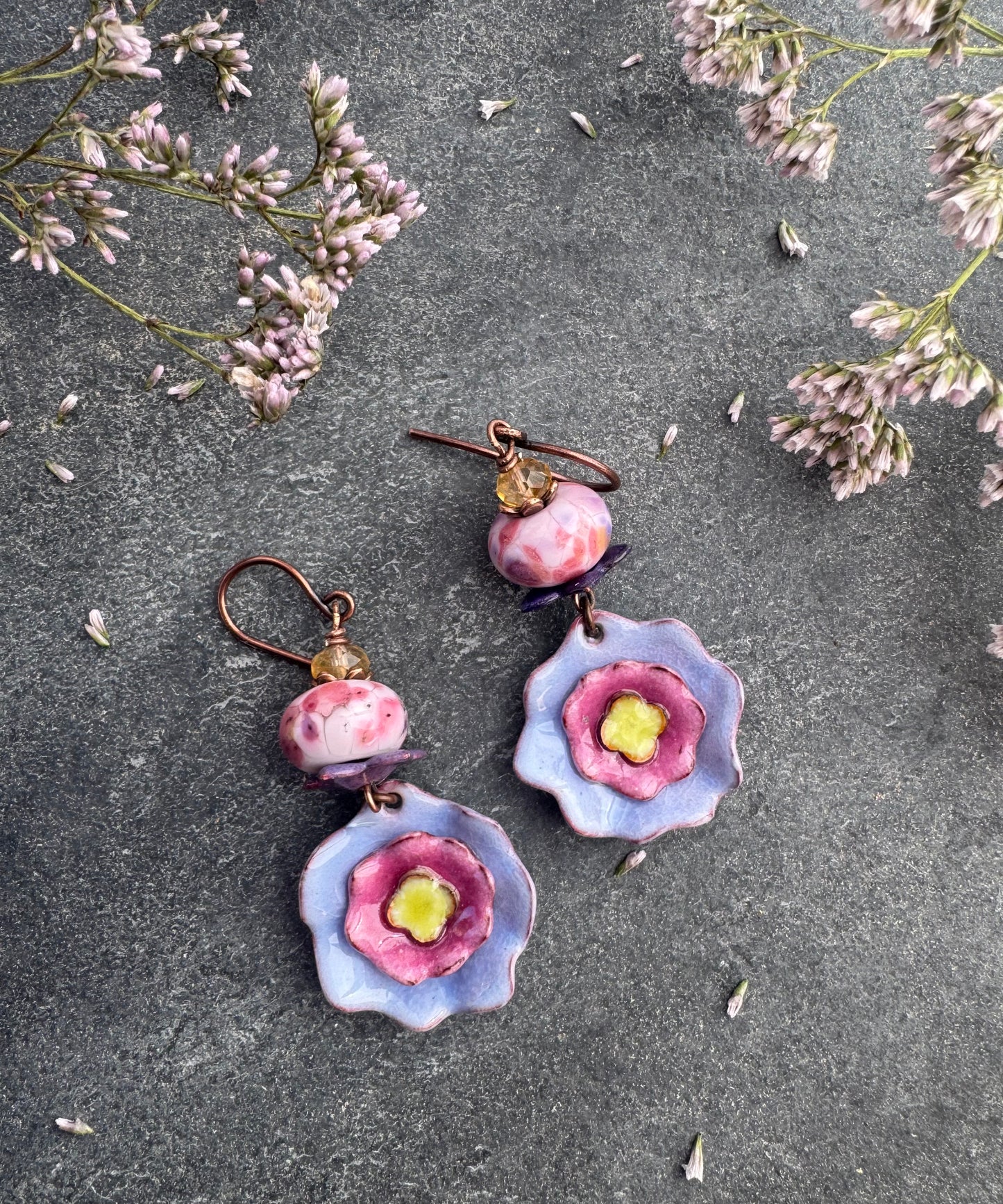 Enamel charm in glass and copper metal, floral ruffle charms, handmade lampwork glass, earrings