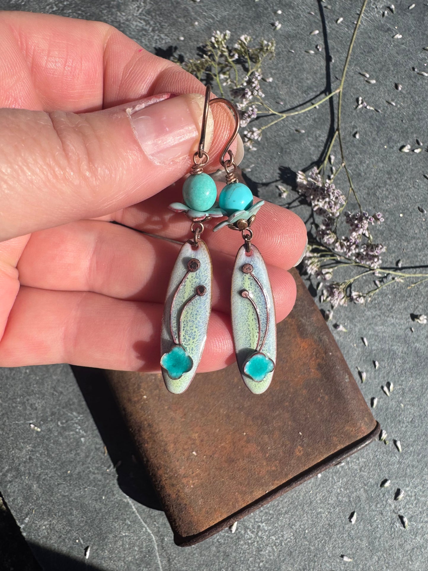 Enamel charm in glass and copper metal, enamel teal flower bead caps, kingman turquoise, earrings