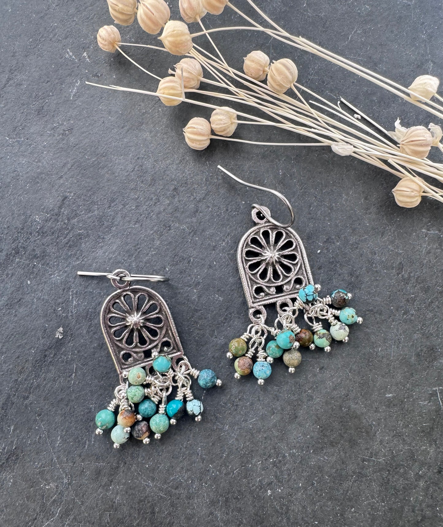 Turquoise stone, silver metal charm, earrings