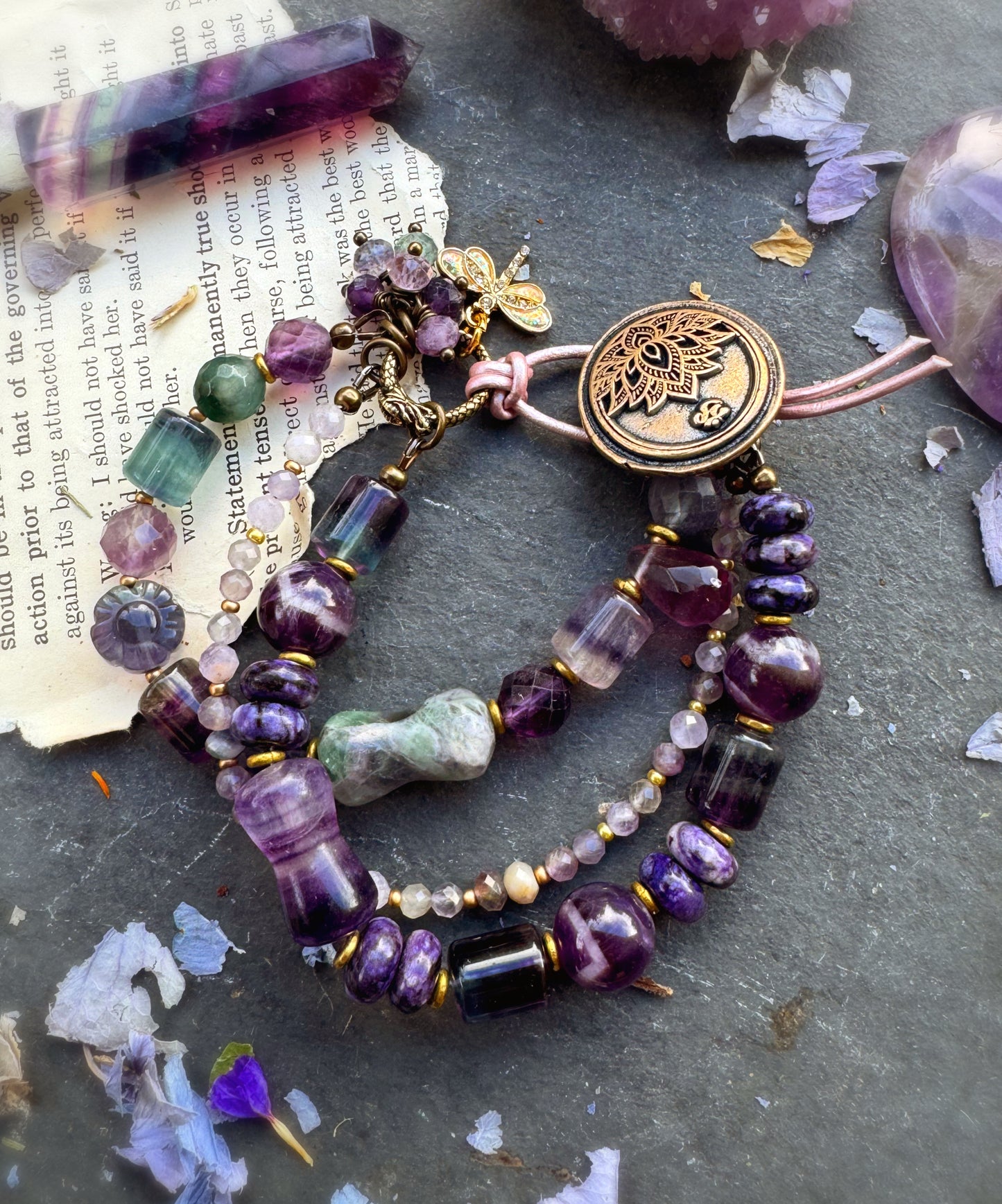 Lotus flower bronze button, fluorite stone, amethyst, sugalite, bracelet