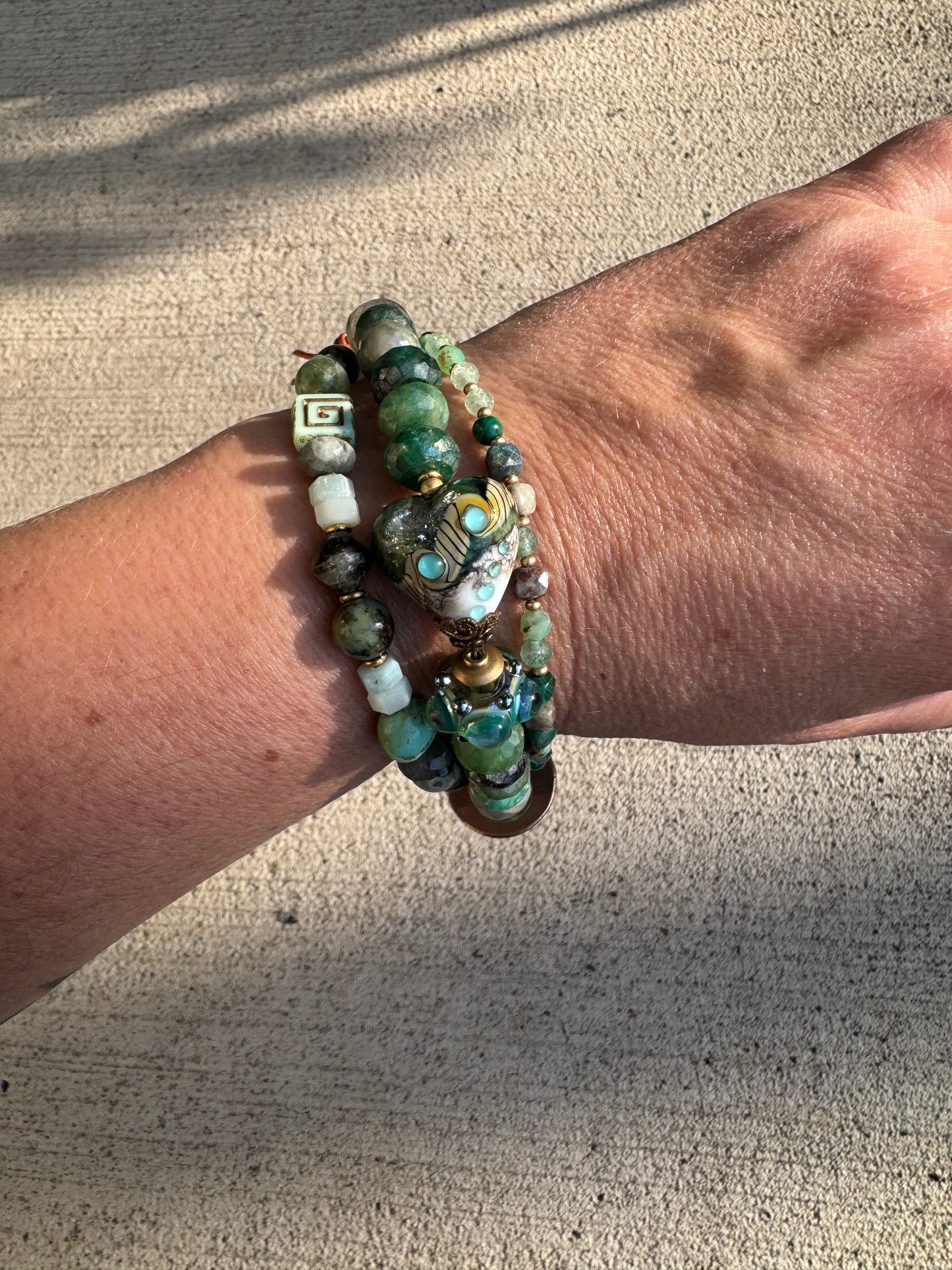 handmade lampwork Glass, mystic emerald, chrysoprase, turquoise, malachite, green aventurine,  Amazonite, labradorite, and handmade bronze button featuring tree of life