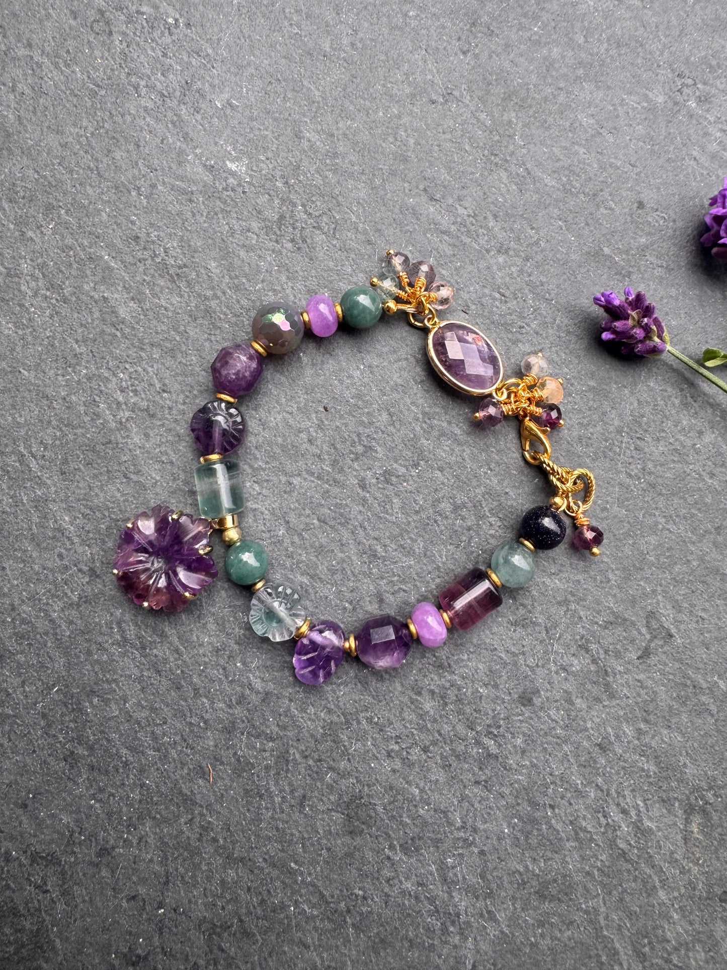 Fluorite, amethyst, jade and gold metal bracelet.