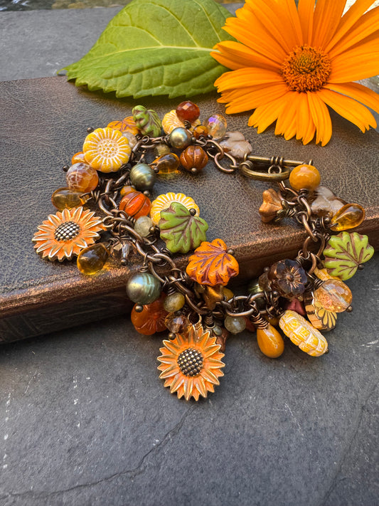 Sunflower and Autumn. Mixed stone, Czech glass, charms,  bracelet, KIT