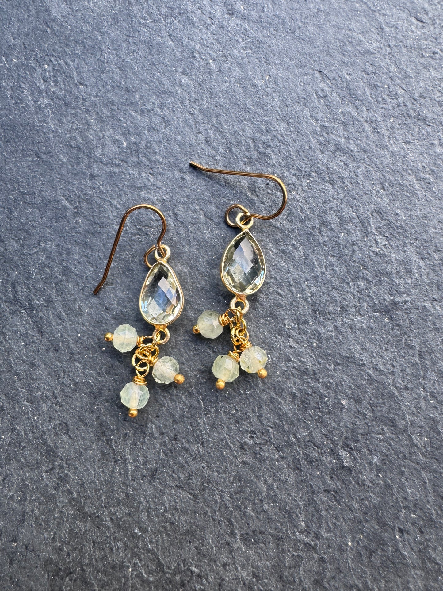 Green amethyst gemstone, vermeil and 14 k gold metal, earrings